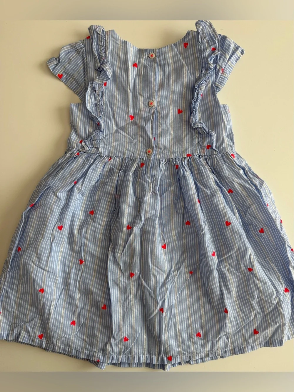Oshkosh 5t Girls Dress White & Blue Striped with Silver Metallic accents, Hearts